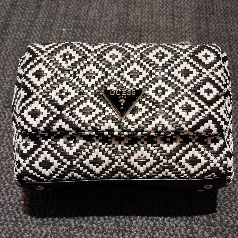 Guess Rianee Black and White Geometric Crossbody Bag